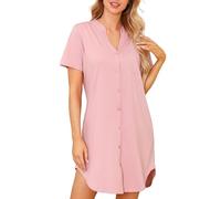 Lovasy Camicia da Notte Donna in Cotone Manica Corta Scollo a V Sexy Sottoveste Curvy con Bottoni Davanti Abito da Notte Estiva con Tasche B Rosa Fagiolo XL