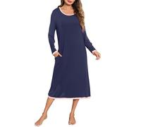 Lovasy Camicia da Notte Donna Invernale Caldo a Maniche Lunghe Taglia Grande Abbigliamento da Notte Scollo Rotondo con Tasche Laterali,C Blu Navy,XL