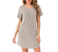 Lovasy Camicia da Notte Donna Sexy Camicia da Notte a Maniche Corte in Maglia a Coste Sottoveste Leggero con Scollo a V Morbido Pigiama Corto Vestaglie per Casa e Casuale,A Cachi,XL