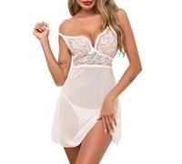 Lovasy Camicia da Notte Donna Sexy in Pizzo Camicia da Notte Senza Maniche Scollo a V Lingerie da Donna Schiena Scoperta Babydoll Sottoveste a Rete con Spalline Regolabili,A-Bianco,S