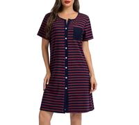 Lovasy Camicia da Notte in Cotone Donna Camicia da Notte Manica Corta a Righe Scollo a V Sexy Sottoveste Curvy con Bottoni Davanti Abito da Notte Estiva con Tasche A Blu Scuro/Rosso XL