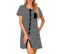 Lovasy Camicia da Notte in Cotone Donna Camicia da Notte Manica Corta a Righe Scollo a V Sexy Sottoveste Curvy con Bottoni Davanti Abito da Notte Estiva con Tasche A Nero S