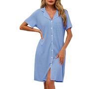 Lovasy Camicia da Notte in Cotone Donna Estiva Manica Corta Abito da Notte Allattamento con Scollo a V Pigiama Vestaglia Bottoni Davanti con Tasche,A-Azzurro,M