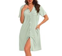 Lovasy Camicia da Notte in Cotone Donna Manica Corta Volant Abito da Notte Allattamento con Scollo a V Classico Pigiama Vestaglia Bottoni Davanti con Tasche,A-Verde Chiaro,M