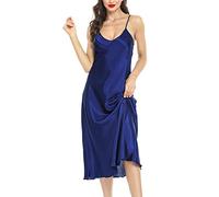 Lovasy Camicia da Notte in Raso Donna Sexy Sottoveste Lunga Seta Babydoll Spalline Regolabili Vestaglia con Scollo a V,Blu Scuro S