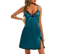 Lovasy Camicia da Notte Raso Donna in Pizzo Corta Sottoveste Sexy Seta Abito Babydoll Spalline Regolabili Pigiama Vestaglia con Scollo a V Senza Maniche
