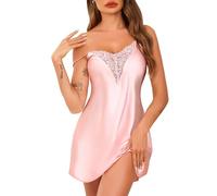Lovasy Camicia da Notte Seta Donna Estiva Sottoveste in Raso Spalline Regolabile Babydoll Vestaglia con Scollo a V Sexy Camicie da Notte in Pizzo Ladies Nightwear,A-Rosa,L