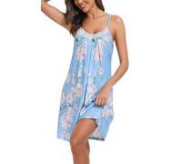 Lovasy Camicia da Notte Vestaglia Donna Cotone Sexy Sottoveste Spalline Regolabili Colletto Babydoll e Biancheria Pigiama da Notte B Blu-Fiore M