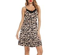 Lovasy Camicia da Notte Vestaglia Donna Cotone Sexy Sottoveste Spalline Regolabili Colletto Babydoll e Biancheria Pigiama da Notte, Leopardata S