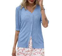 Lovasy Cardigan con Bottoni Donna a Maniche Corte Giacca in Maglia Elegante Curvy Golfino con Scollo a V Aperto Davanti Pullover Leggero ed Traspirante,A-Blu,L