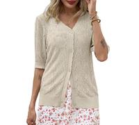 Lovasy Cardigan con Bottoni Donna a Maniche Corte Giacca in Maglia Elegante Curvy Golfino con Scollo a V Aperto Davanti Pullover Leggero ed Traspirante,A-Albicocca,XXL