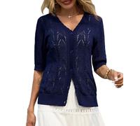 Lovasy Cardigan con Bottoni Donna a Maniche Corte Giacca in Maglia Elegante Curvy Golfino con Scollo a V Aperto Davanti Pullover Leggero ed Traspirante,A-Blu Navy,M