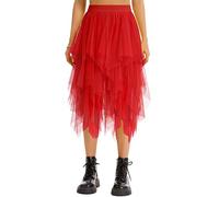 Lovasy Gonna Tulle Donna Irregolare Midi Gonne tutù a Rete Vita Alta Elastica Gonna Balletto Asimmetrica Multistrato Gonne a Pieghe Principessa per Halloween Natale Party Prom,A-Rosso,L/XL