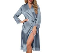 Lovasy Kimono Raso da Donna in Pizzo Accappatoi e Vestaglie da Sposa Maniche Lunghe Camicia da Notte Abito Satin Sexy Pigiama in Raso Scollo V,A-Grigio fumo,L