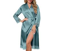 Lovasy Kimono Raso da Donna in Pizzo Accappatoi e Vestaglie da Sposa Maniche Lunghe Camicia da Notte Abito Satin Sexy Pigiama in Raso Scollo V,A-Grigio verde,XL