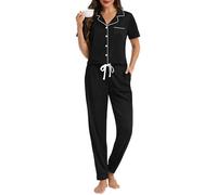 Lovasy Pigiama Cotone Donna Estivo Set Pigiami Due Pezzi Top a Maniche Corte e Pantaloni Leggero Pigiama Bottoni sul Davanti con Tasche,A-Nero,XXL
