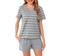 Lovasy Pigiama Donna Corto Cotone Set Pigiama Estivo a Maniche Corte Pigiama Due Pezzi a Righe Sleepwear con Scollo a V Pigiama da Casa Leggero con Tasche,A-Grigio,XL