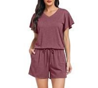 Lovasy Pigiama Donna Cotone Estiva Ruffle Maniche Pigiami Set Corta Scollo a V e Maniche Corte 2 Pezzi Pigiama da Casa Leggero T-Shirt Pigiama A Vino Rosso XXL