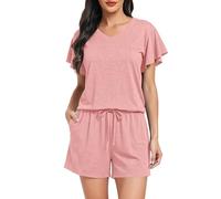Lovasy Pigiama Donna Cotone Estiva Ruffle Maniche Pigiami Set Corta Scollo a V e Maniche Corte 2 Pezzi Pigiama da Casa Leggero T-Shirt A-Rosa XL