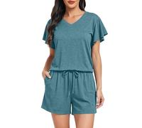 Lovasy Pigiama Donna Cotone Estiva Ruffle Maniche Pigiami Set Corta Scollo a V e Maniche Corte 2 Pezzi Pigiama da Casa Leggero T-Shirt Pigiama A Verde XL