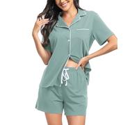 Lovasy Pigiama Donna Cotone Estivo con Bottoni Davanti Pigiama Set Corta Scollo a V e Maniche Corte 2 Pezzi Pigiama da Casa Leggero T-Shirt Pigiama A Verde Chiaro S