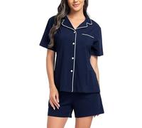 Lovasy Pigiama Donna Cotone Estivo con Bottoni Davanti Pigiama Set Corta Scollo a V e Maniche Corte 2 Pezzi Pigiama da Casa Leggero T-Shirt Pigiama A Blu Navy XL