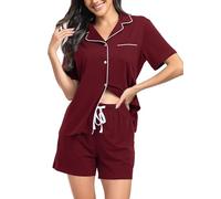 Lovasy Pigiama Donna Cotone Estivo con Bottoni Davanti Pigiama Set Corta Scollo a V e Maniche Corte 2 Pezzi Pigiama da Casa Leggero T-Shirt Pigiama A Vino Rosso L