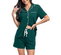 Lovasy Pigiama Donna Cotone Estivo con Bottoni Davanti Pigiami Set Corta Scollo a V e Maniche Corte 2 Pezzi Pigiama da Casa Leggero T-Shirt A Verde Scuro L