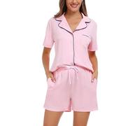 Lovasy Pigiama Donna Cotone Estivo con Bottoni Davanti Pigiami Set Corta Scollo a V e Maniche Corte 2 Pezzi Pigiama da Casa Leggero T-Shirt A Rosa Chiaro M