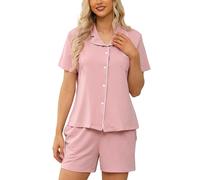 Lovasy Pigiama Donna Cotone Estivo con Bottoni Davanti Pigiami Set Corta Scollo a V e Maniche Corte 2 Pezzi Pigiama da Casa Leggero T-Shirt A Rosa L