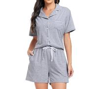 Lovasy Pigiama Donna Cotone Estivo con Bottoni Davanti Pigiami Set Corta Scollo a V e Maniche Corte 2 Pezzi Pigiama da Casa Leggero T-Shirt A Grigio Chiaro XXL