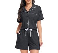 Lovasy Pigiama Donna Cotone Estivo con Bottoni Davanti Pigiami Set Corta Scollo a V e Maniche Corte 2 Pezzi Pigiama da Casa Leggero T-Shirt A Grigio Scuro XXL
