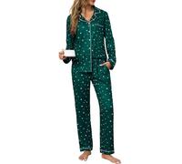 Lovasy Pigiama Donna Cotone Invernale Lungo Pigiama Camicia con Bottoni sul Bavero a Maniche Lunghe Comodo Traspiranti Set Pigiami in Due Pezzi da Casa Casual,A-Verde Scuro - Stelle,L