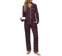 Lovasy Pigiama Donna Cotone Invernale Lungo Pigiama Camicia con Bottoni sul Bavero a Maniche Lunghe Comodo Traspiranti Set Pigiami in Due Pezzi da Casa Casual,A-Rosso Vino - Stelle,L