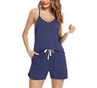 Lovasy Pigiama Donna Estivo Corto Cotone Pigiami Set Due Pezzi Canotta con Scollo a V Pantaloncini con Coulisse.Blu,XL