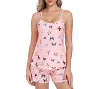 Lovasy Pigiama Donna Estivo Corto Pigiami Due Pezzi con Stampa a Cuore Pigiama Sexy Senza Maniche con Camicia Girocollo e Pantaloncini con Coulisse,C Rosa1, M