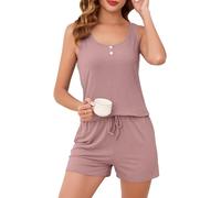 Lovasy Pigiama Donna Estivo Corto Set Pigiami Due Pezzi con Bottone Pigiama Sexy Senza Maniche con Camicia Girocollo e Pantaloncini con Coulisse Casual Abbigliamento per la casa,A-Rosa,M