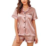 Lovasy Pigiama Donna Raso Pigiami Donna Seta Corto Set con Bottoni Revers Pigiama, Rosa Fagiolo XL