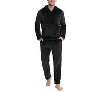 Lovasy Pigiama in Pile Uomo Caldo con Cappuccio Pigiami Due Pezzi Invernale Comodo Pigiama Lungo Completino Casual per Casa con Tasche S-XXL Nero S