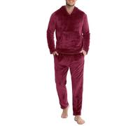 Lovasy Pigiama in Pile Uomo Caldo con Cappuccio Pigiami Due Pezzi Invernale Comodo Pigiama Lungo Completino Casual per Casa con Tasche S-XXL,Rosso,XXL