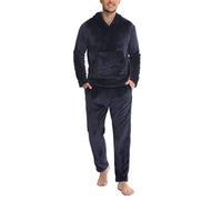 Lovasy Pigiama in Pile Uomo Caldo con Cappuccio Pigiami Due Pezzi Invernale Comodo Pigiama Lungo Completino Casual per Casa con Tasche S-XXL Blu Navy S