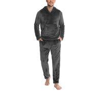 Lovasy Pigiama in Pile Uomo Caldo con Cappuccio Pigiami Due Pezzi Invernale Comodo Pigiama Lungo Completino Casual per Casa con Tasche S-XXL Grigio S