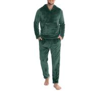 Lovasy Pigiama in Pile Uomo Caldo con Cappuccio Pigiami Due Pezzi Invernale Comodo Pigiama Lungo Completino Casual per Casa con Tasche S-XXL,Verde,XL