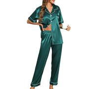 Lovasy Pigiama Raso Donna a Maniche Corte Pigiama Due Pezzi Seta Corto Set con Bottoni Revers Pigiama con Tasche, Y-Verde Scuro XL