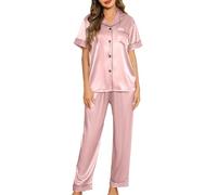 Lovasy Pigiama Raso Donna a Maniche Corte Pigiama Due Pezzi Seta Corto Set con Bottoni Revers Pigiama con Tasche, Y-Rosa Carne L