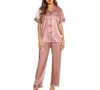 Lovasy Pigiama Raso Donna a Maniche Corte Pigiama Due Pezzi Seta Corto Set con Bottoni Revers Pigiama con Tasche, Y-Fagiolo Rosa L