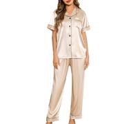 Lovasy Pigiama Raso Donna a Maniche Corte Pigiama Due Pezzi Seta Corto Set con Bottoni Revers Pigiama con Tasche, Y-Champagne M