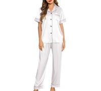 Lovasy Pigiama Raso Donna a Maniche Corte Pigiama Due Pezzi Seta Corto Set con Bottoni Revers Pigiama con Tasche, Y-Bianco M