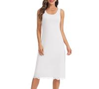 Lovasy Sottoveste Donna Lunga con Pizzo Sottovesti in Modal Senza Maniche Sexy Camicia da Notte con Spalla Larga Sottoveste Gonna Elegante Modellante Antistatica,A-Bianco,XL