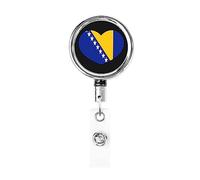 Love Bosnia-Erzegovina Bandiera Cuore Bobina porta badge in metallo resistente, porta badge retrattile con clip da cintura per portachiavi Porta badge Impiegato Insegnante 1